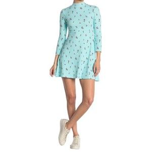 Velvet Torch Skater Rib Dress Blue Floral Womens S Long Sleeve Mock Neck NWT